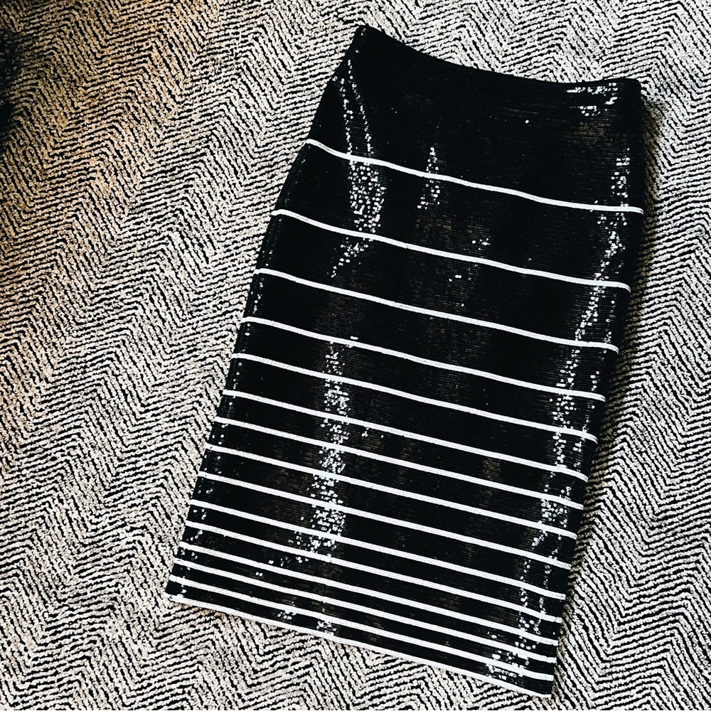 Alice and Olivia Black And White Stripe Sequin Skirt